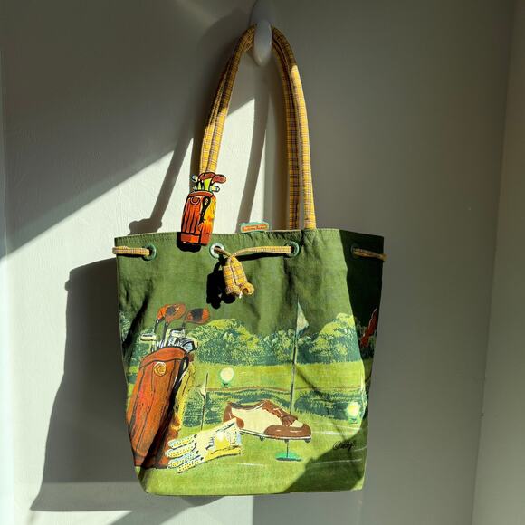 Quasby Golf Print Canvas Tote Bag Green Yellow Plaid Lined - Picture 3 of 8